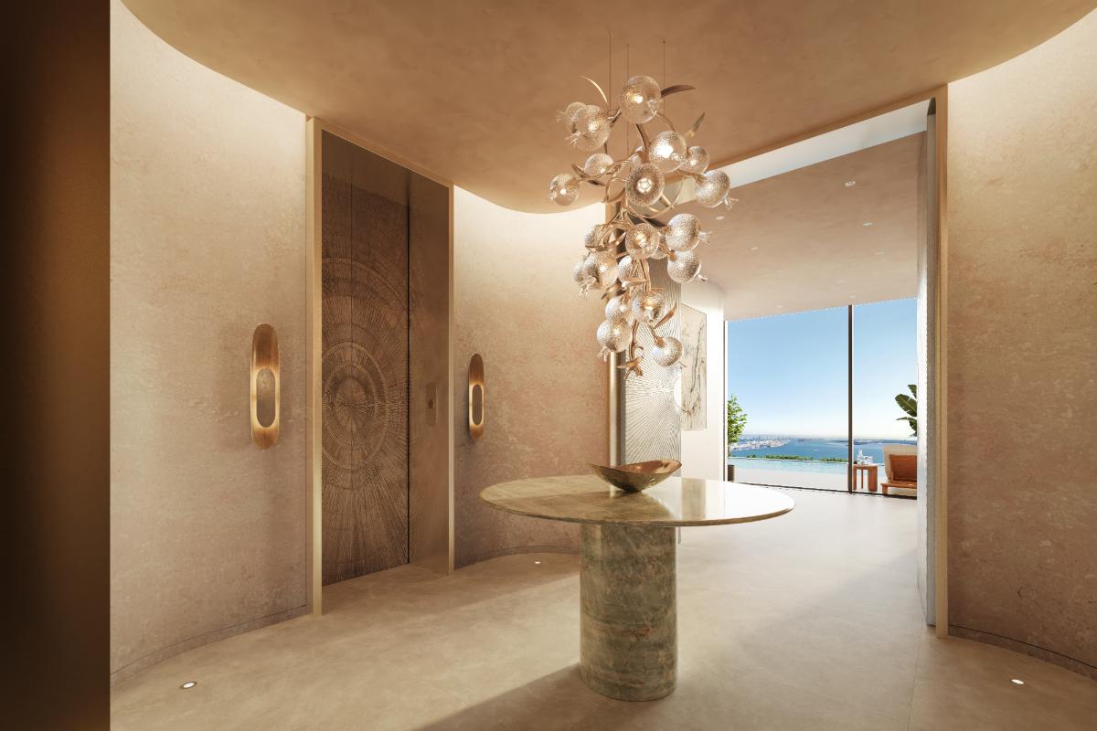 A Murano glass chandelier crowns the entryway. Artist Conceptual Rendering Courtesy of Swire Properties